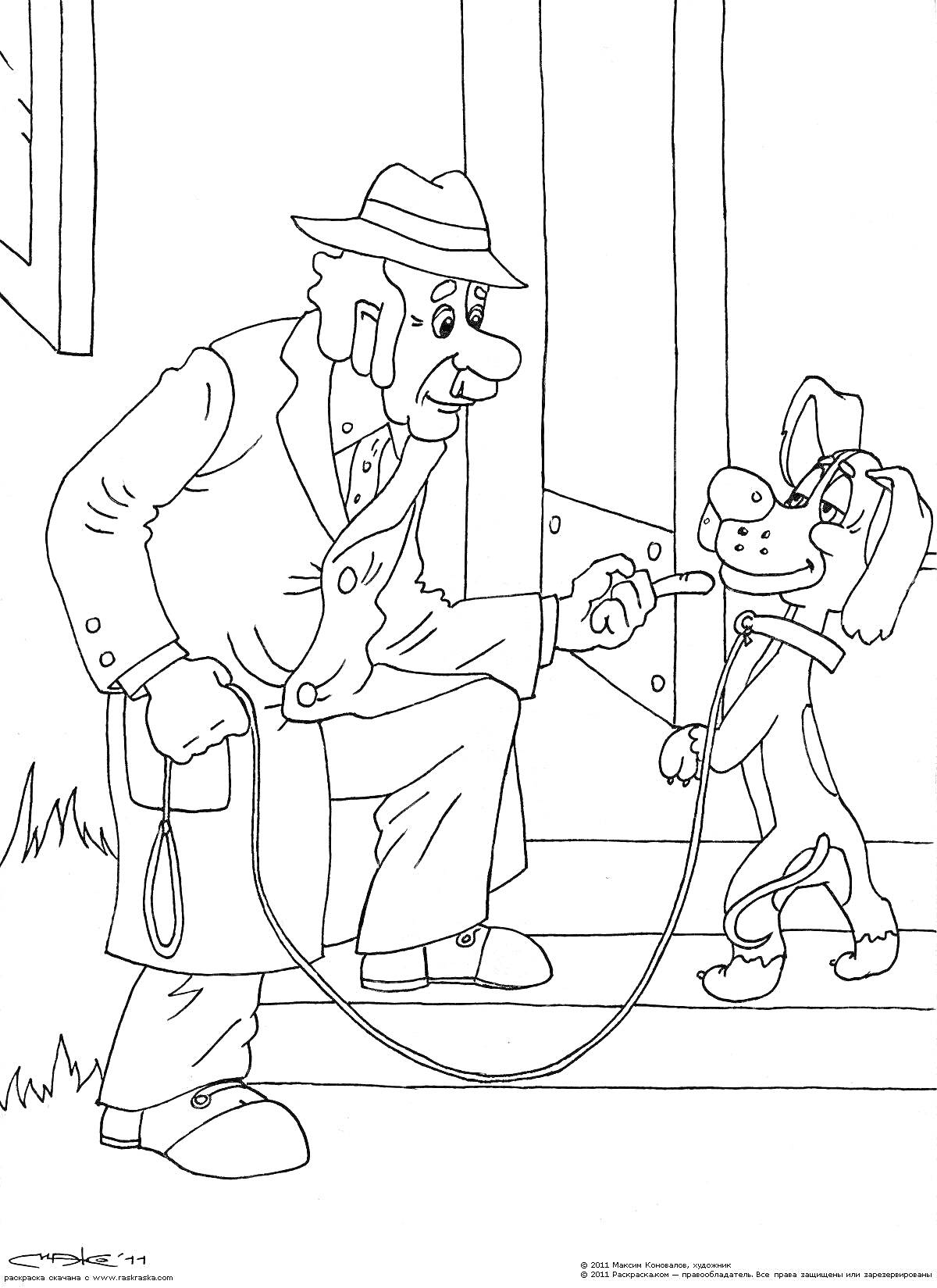 На раскраске изображено: Человек, Собака, Поводок, Дверь, Шляпа, Пальто, Встреча