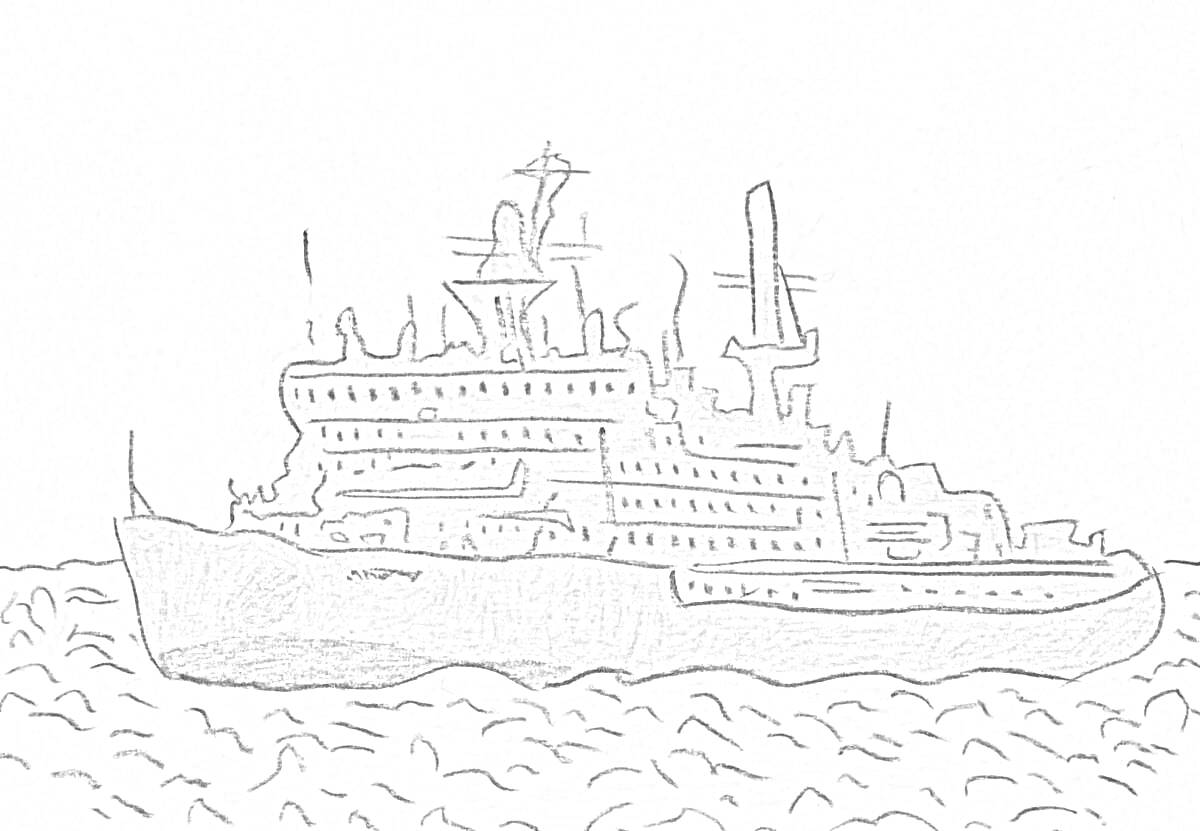 На раскраске изображено: Ледокол, Корабль, Море, Волны, Судно, Палубы, Антенны