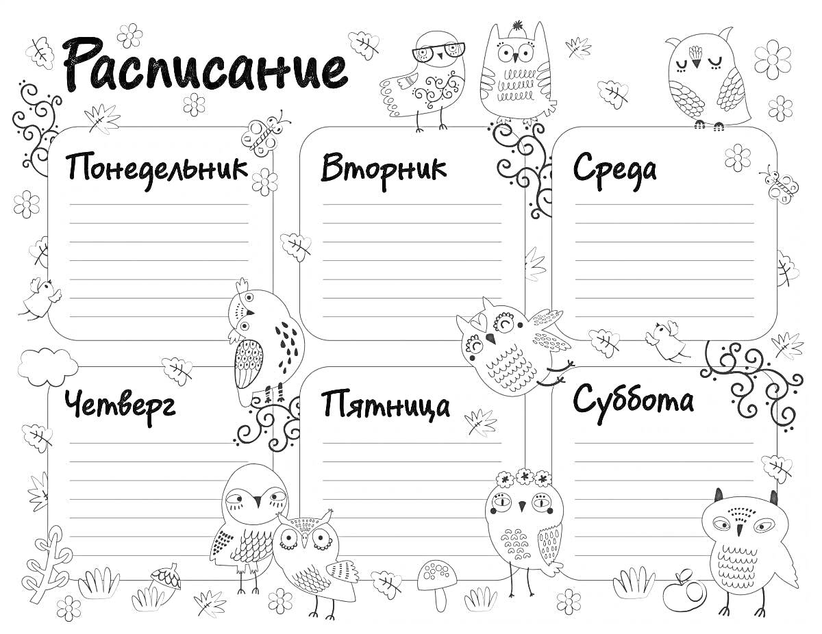 Раскраска Расписание уроков с изображением сов, веток, листвы, стрекоз и бабочек