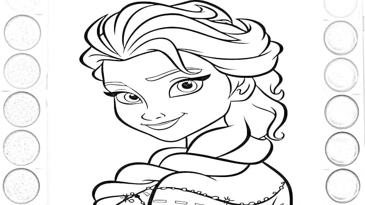 Раскраска Раскраска улыбающейся девушки с длинными волосами и косой, с кругами для выбора цвета по бокам