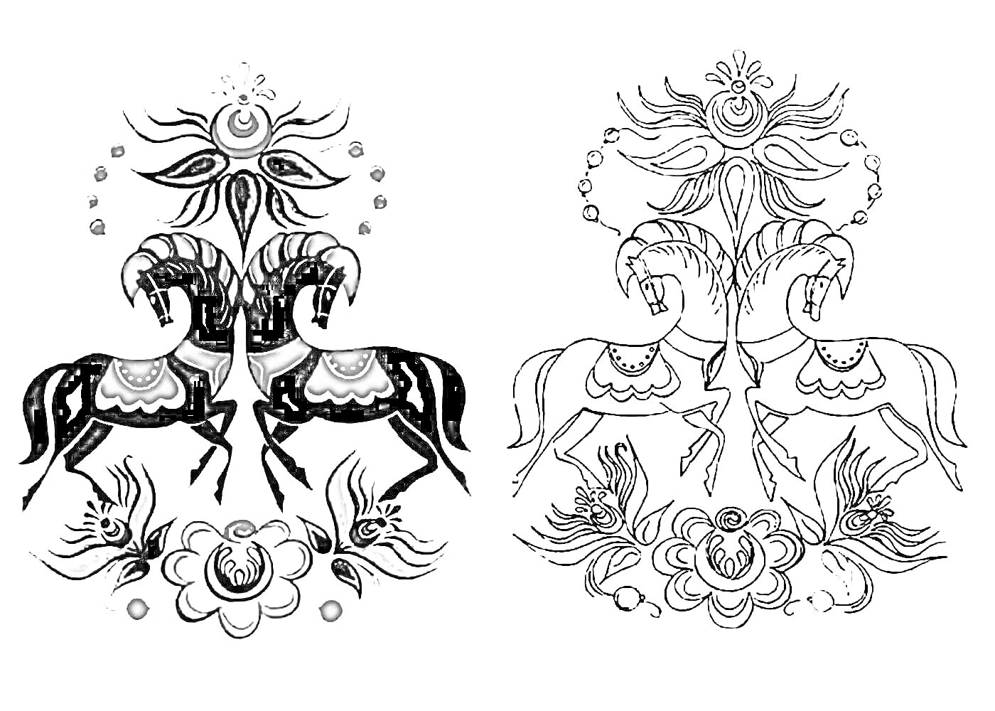 Раскраска Два лошади, окруженные цветами и узорами в русском стиле городецкой росписи