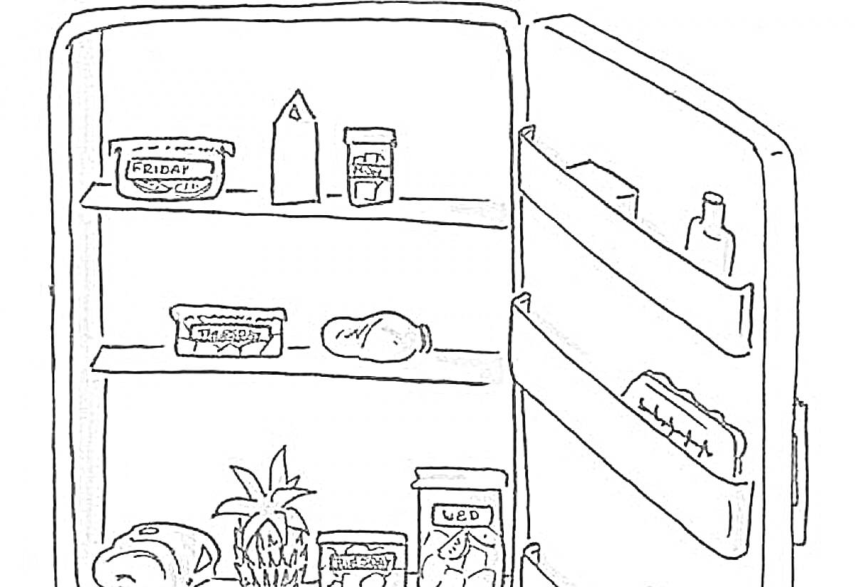 Раскраска с изображением открытого холодильника с продуктами: пластиковый контейнер, бутылка, пачка масла, банка с приправами, кусок мяса, другая банка с приправами, кекс, ананас, сосиски, коробка с надписью 