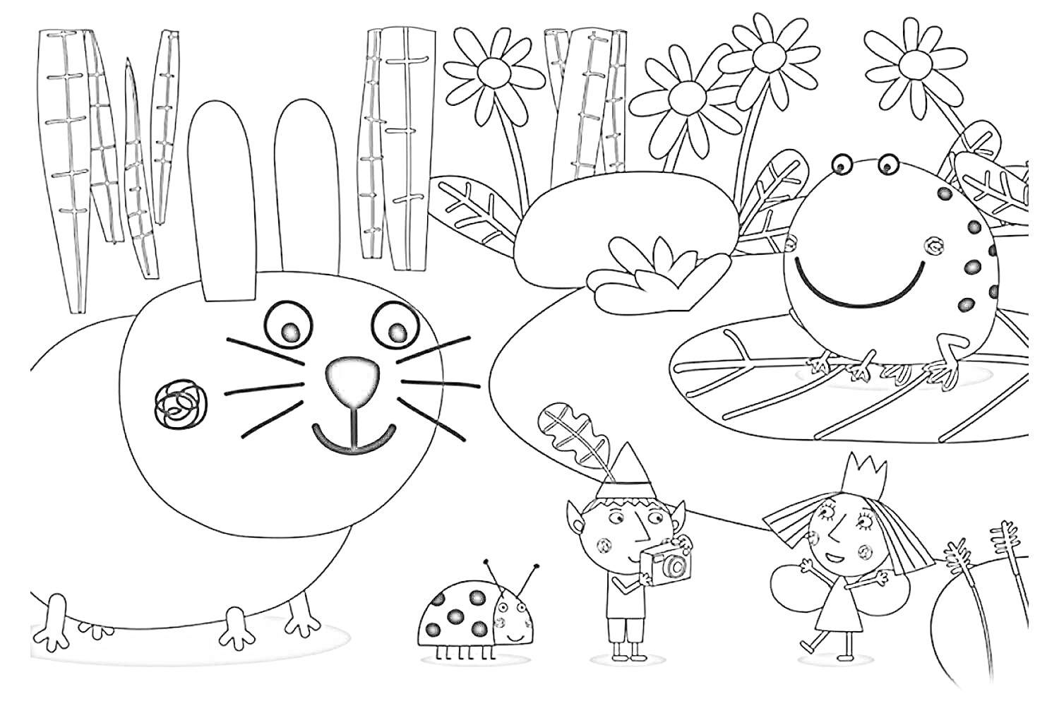 Раскраска Кролик, лягушка, божья коровка, мальчик с игрушечной камерой, девочка с крылышками, цветы и растения на заднем плане