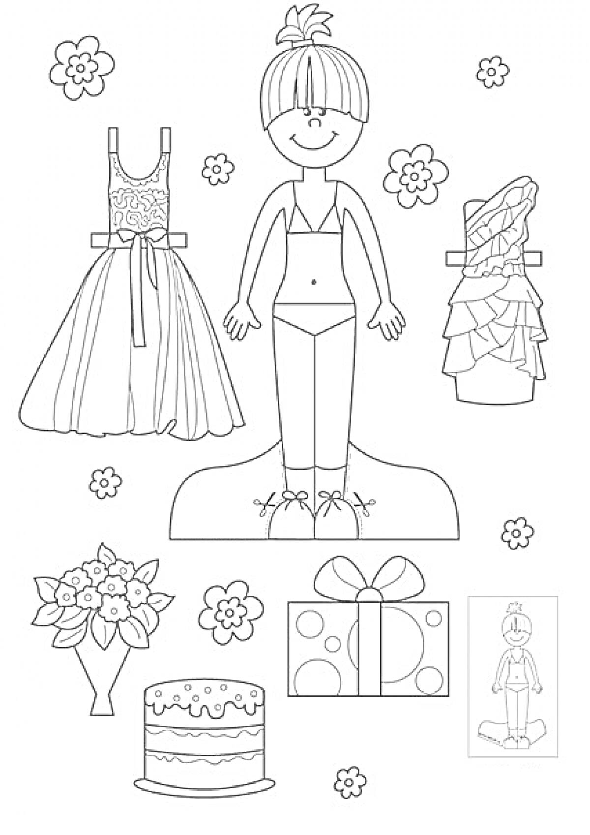 Раскраска Бумажная кукла с вечерним и повседневным платьями, цветами, подарком и тортом.