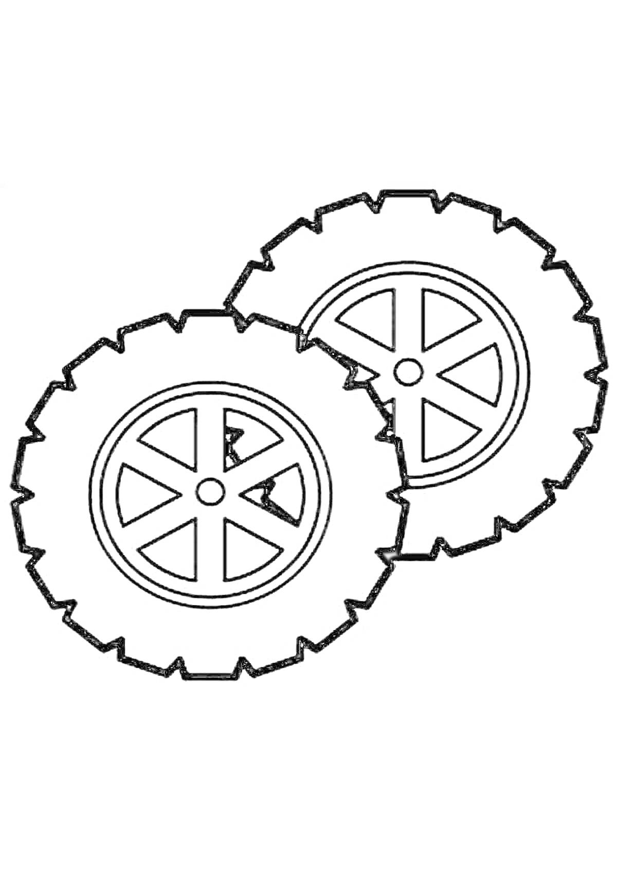 Раскраска Два колеса с шинами и спицевыми дисками