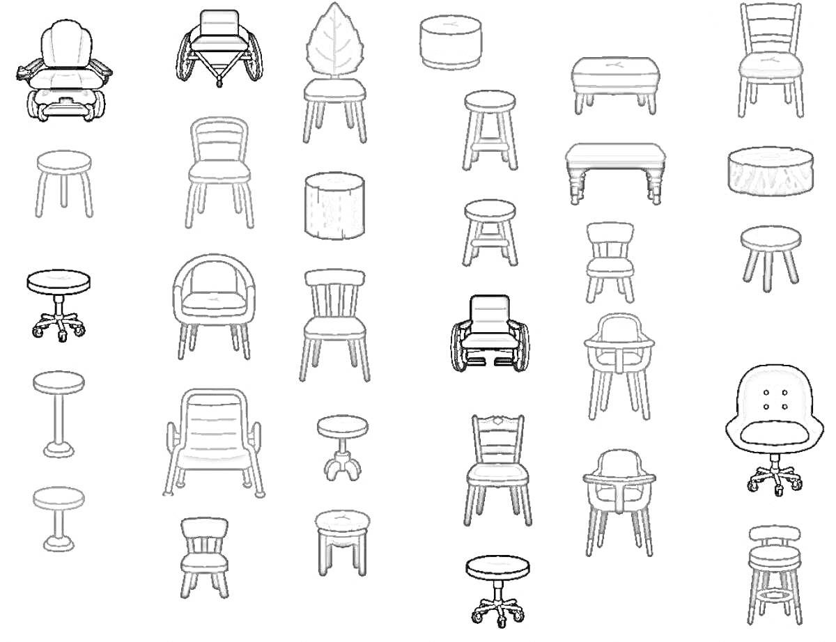 Раскраска Коллекция мебели Тока Бока для бумажного домика: кресла, стулья, пуфы, табуреты, лавки