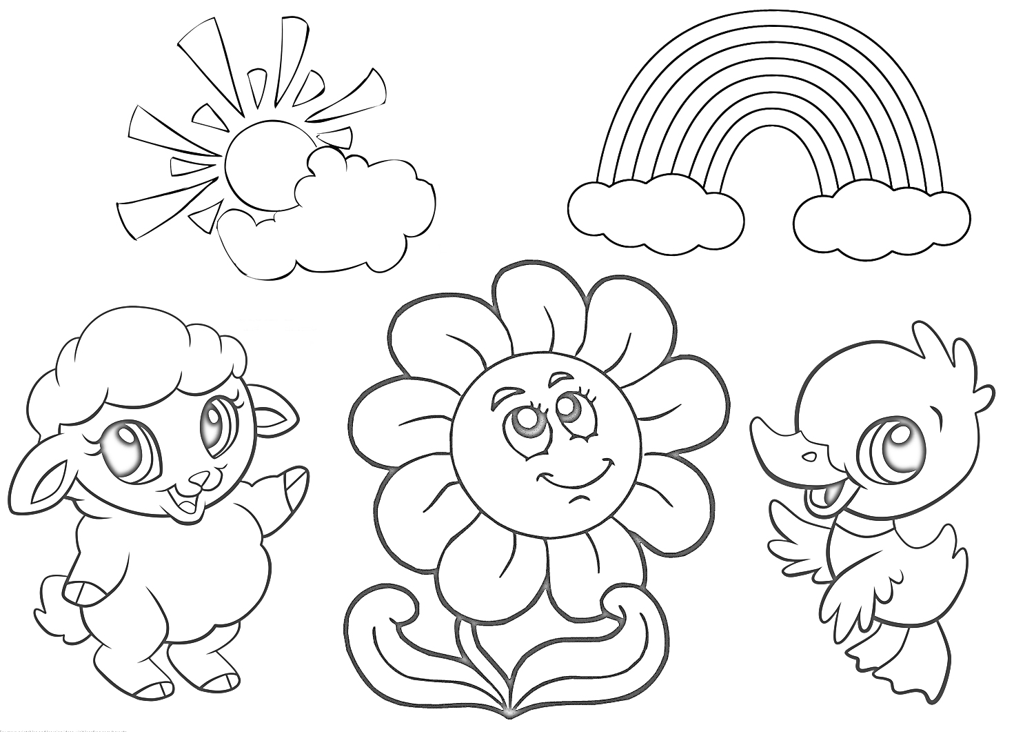 Раскраска Весенняя раскраска с солнцем, радугой, цветком, овечкой и птенцом