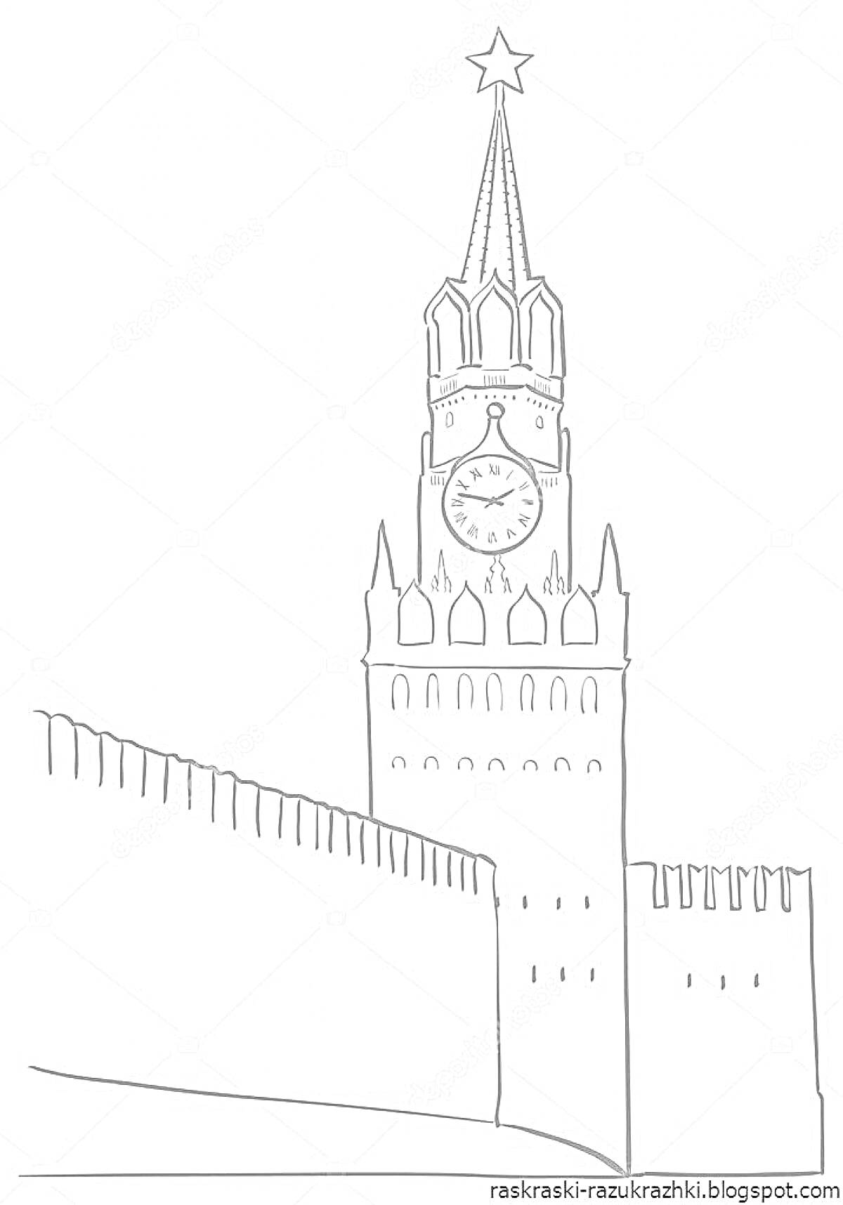 На раскраске изображено: Кремль, Часы, Стена