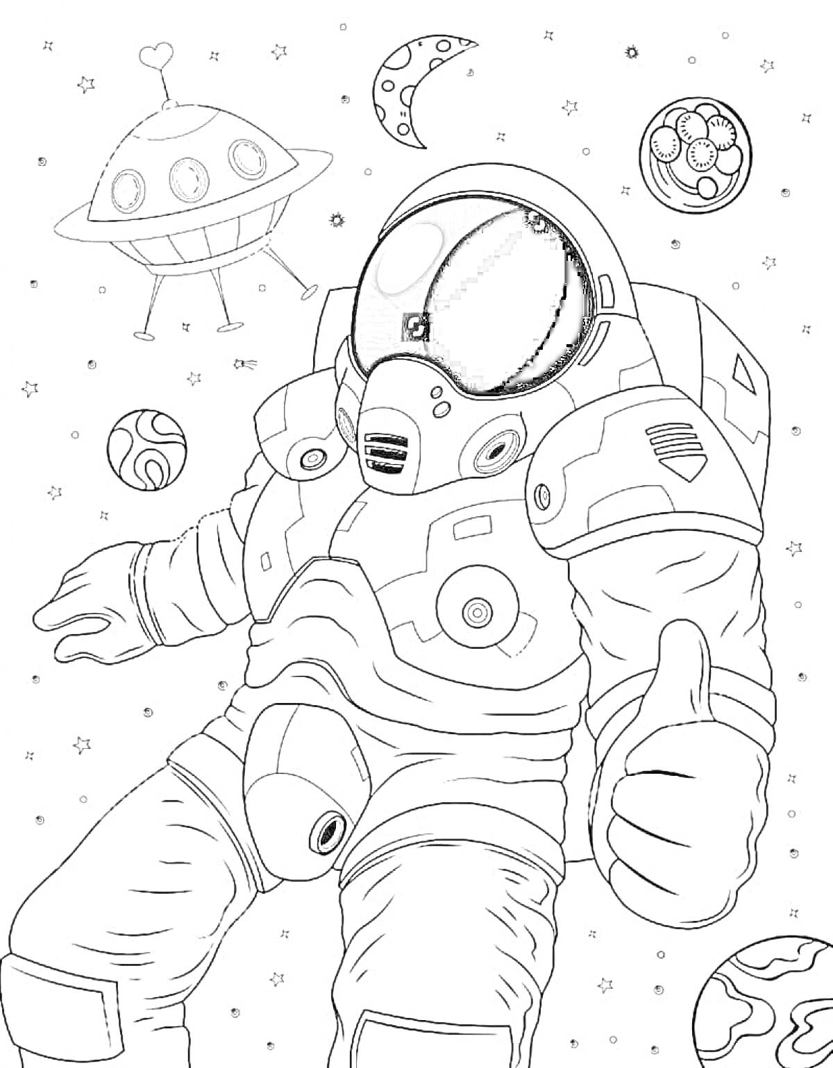 Раскраска Космонавт в космосе с планетами, луной и космическим кораблем