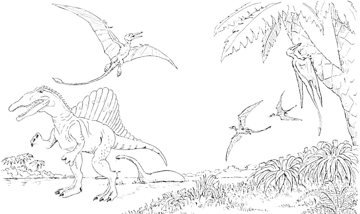 Раскраска Спинозавр, птерозавры, пальма, кусты, динозавры на заднем плане