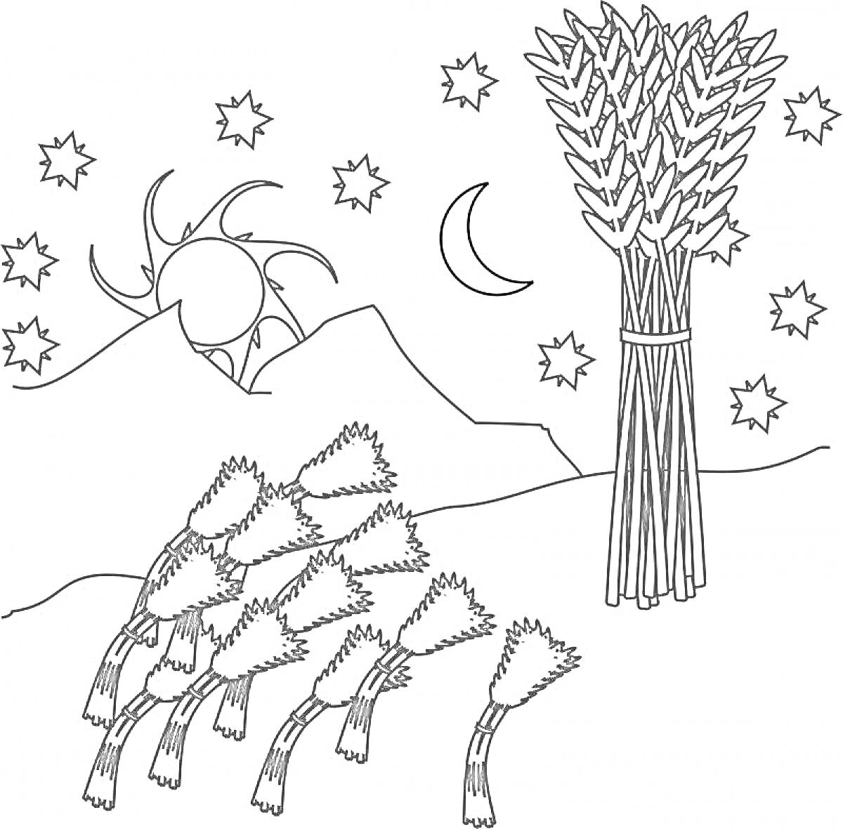 Раскраска Снопы, луна и солнце, звезды, горы
