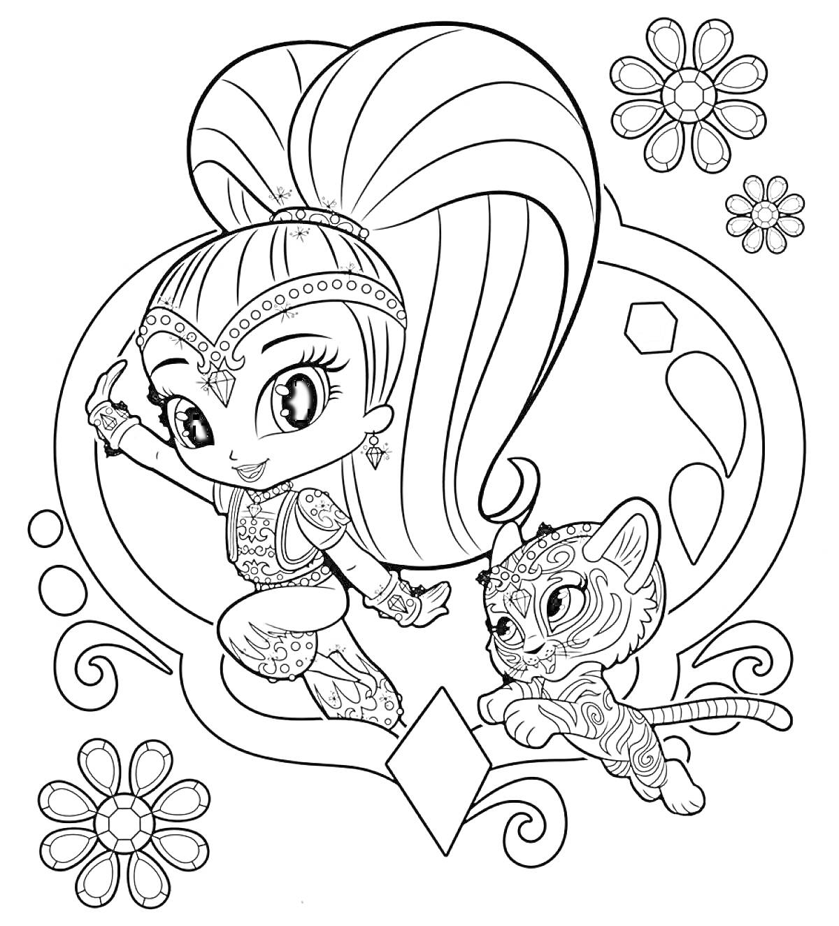 Раскраска Девочка с хвостом и тигрёнком, в рамке с цветами и ромбами