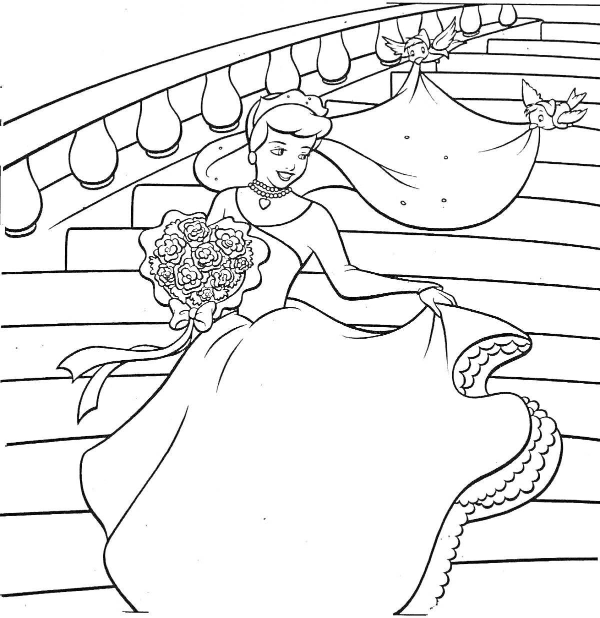 На раскраске изображено: Принцесса, Бал, Лестница, Цветы, Вечернее платье, Элегантность