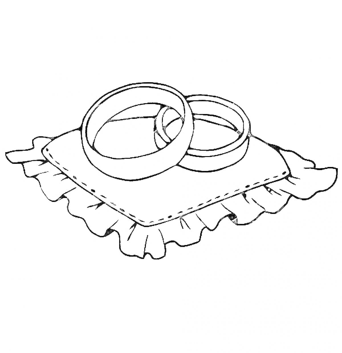 Раскраска Два обручальных кольца на подушечке с рюшами