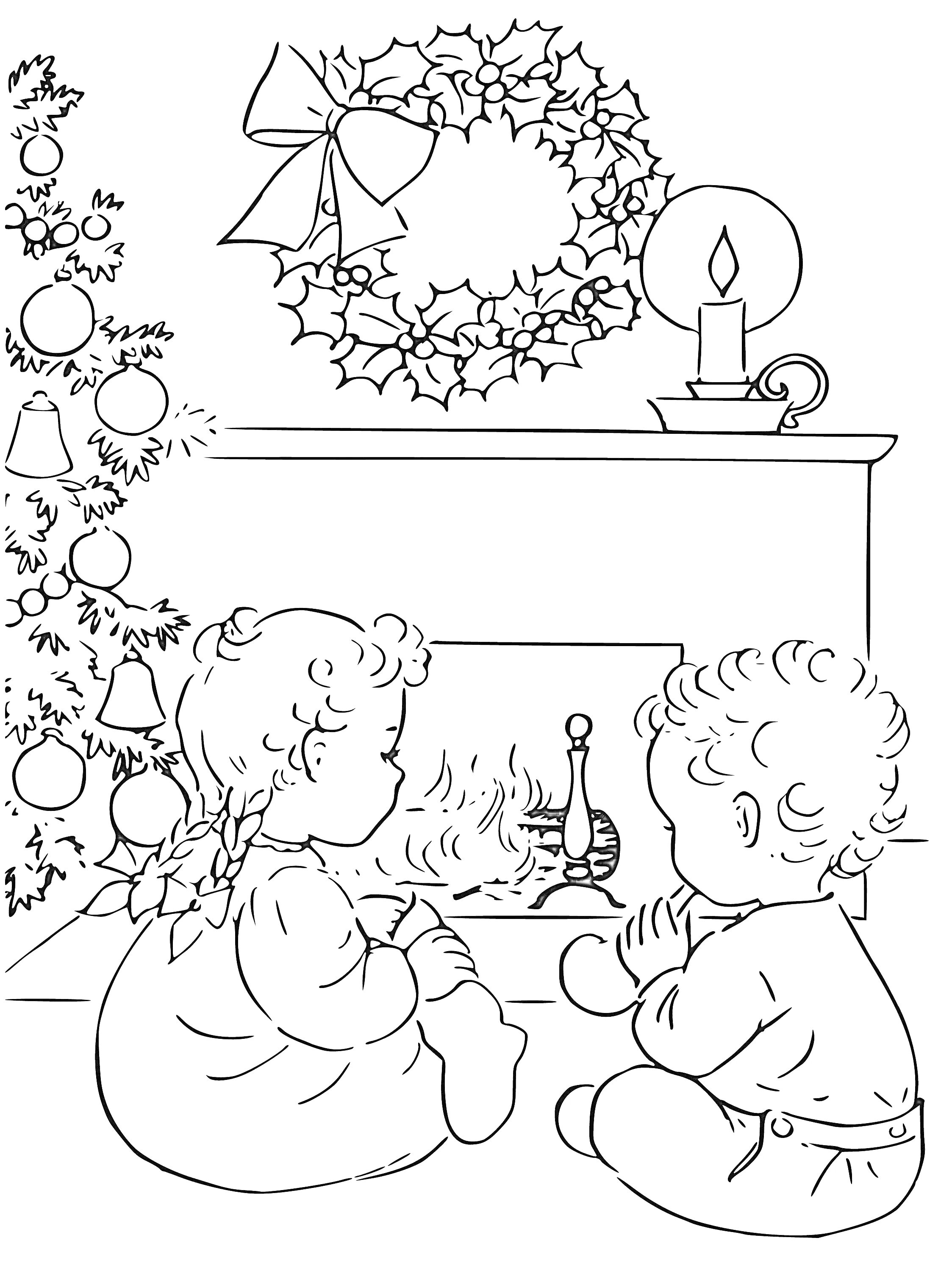 Раскраска Дети перед камином на Рождество - праздничный венок, елка с украшениями и свеча