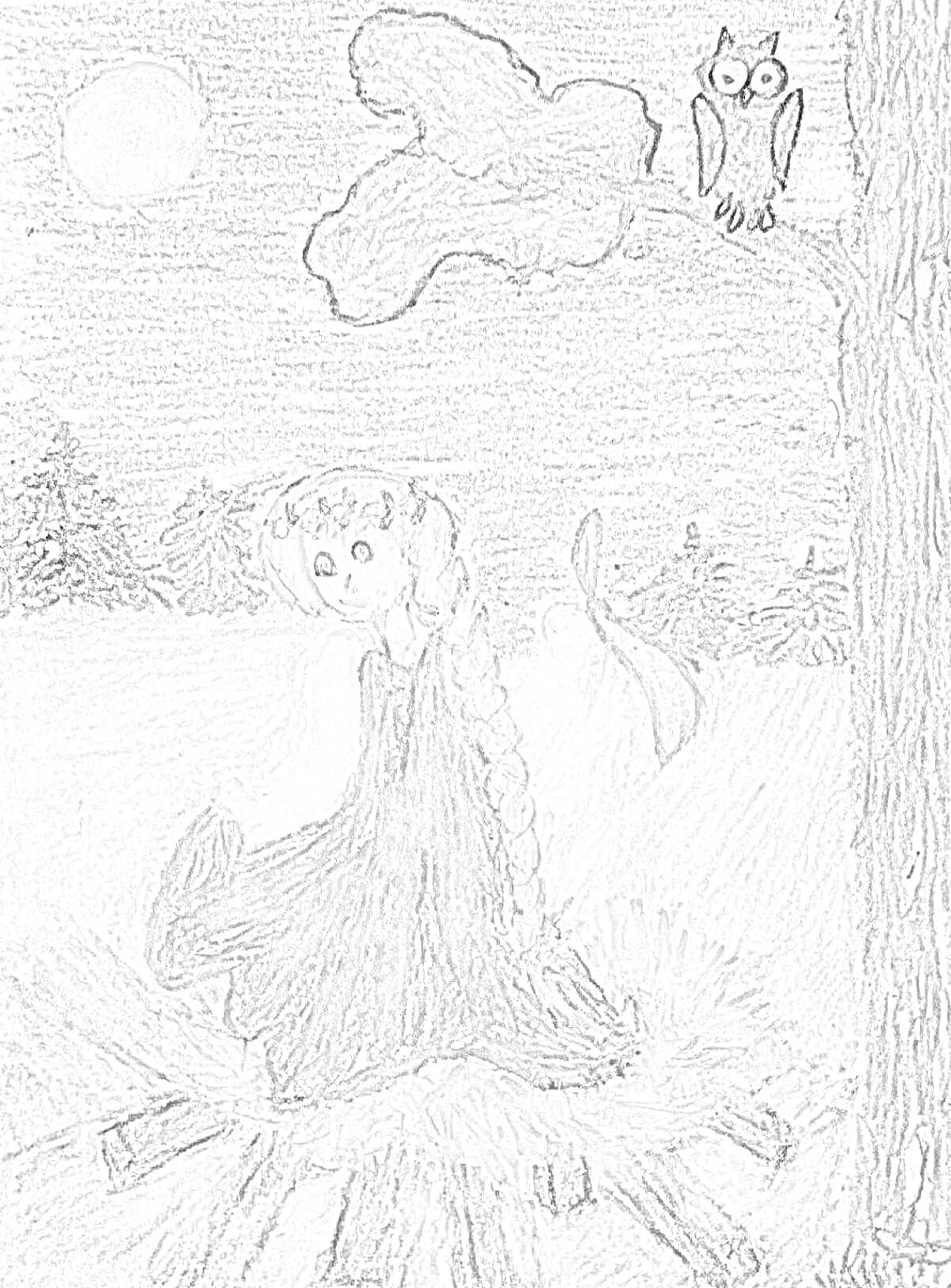 Раскраска Девушка с длинной косой в платье стоит в круге света, кругом темный лес с совой на дереве, высоко на небе светит луна