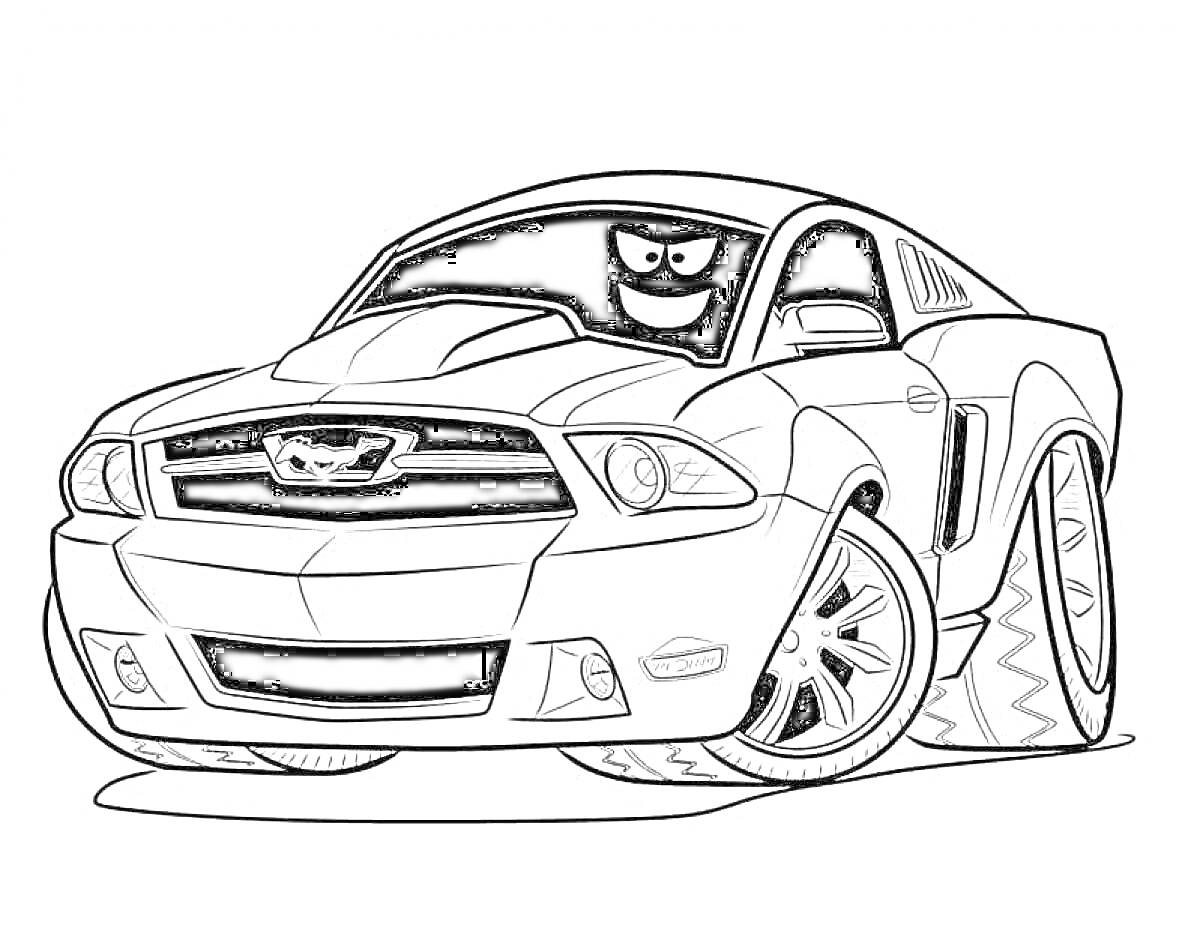 Раскраска Форд Мустанг с улыбкой, большие колеса, спортивный капот, решетка радиатора с эмблемой, фары, гоночные полосы на колесах