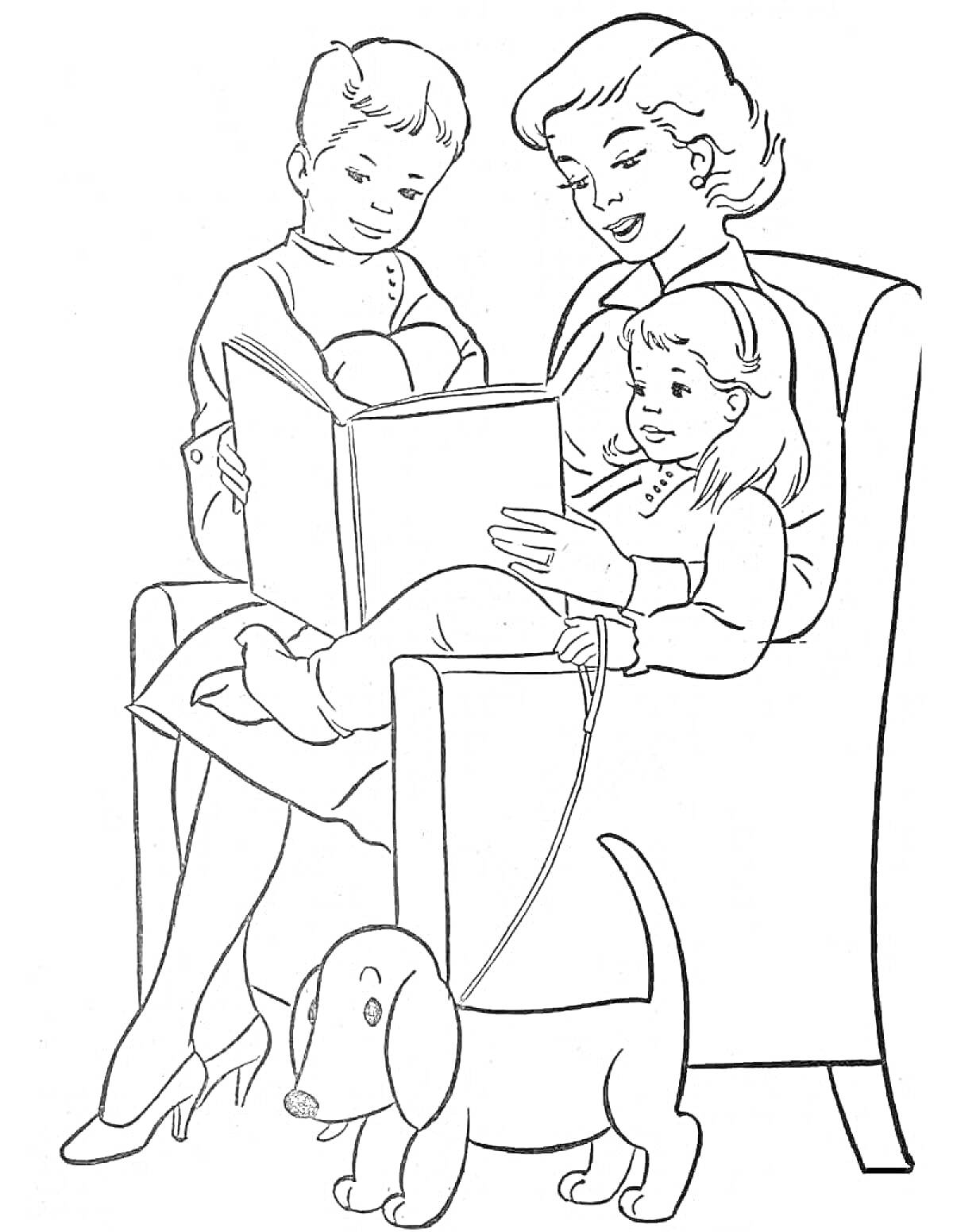 На раскраске изображено: Мама, Мальчик, Девочка, Книга, Чтение, Кресло, Собака, Поводок, Семья
