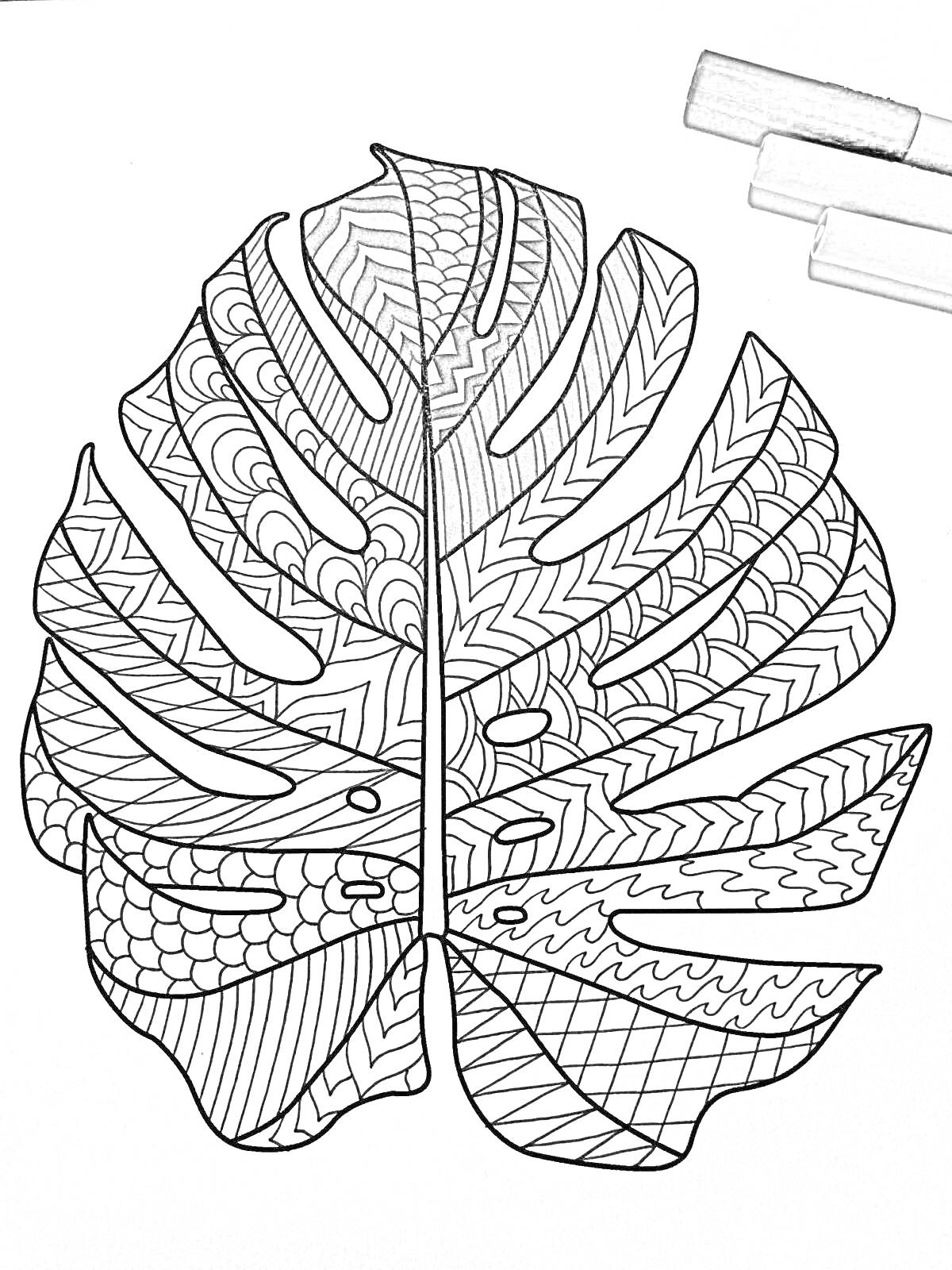 Раскраска Раскраска лист монстеры с узорами