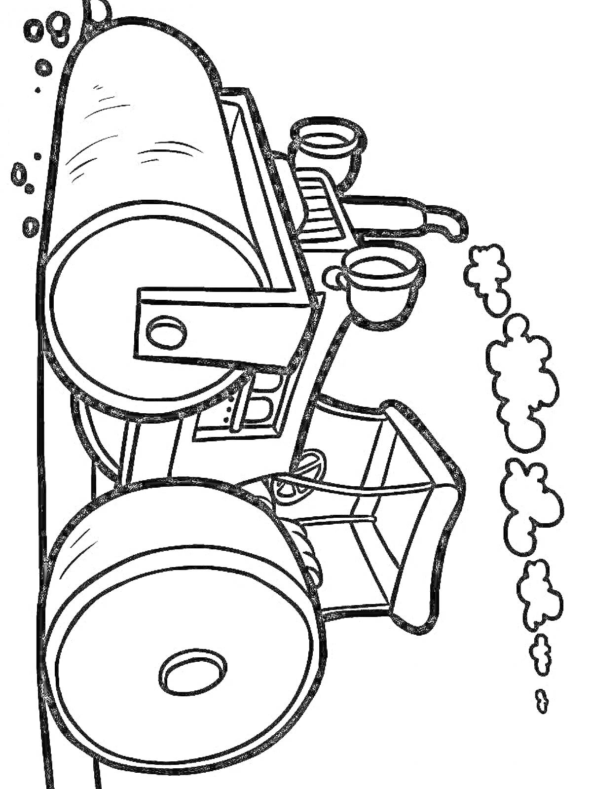 На раскраске изображено: Каток, Строительная техника, Дым, Колёса, Тяжелая техника