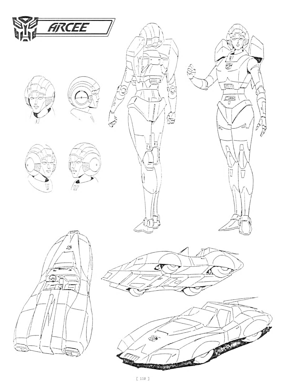 Раскраска Арси в образе робота и трансформирующейся в автомобиль, с видами лица и деталей трансформации