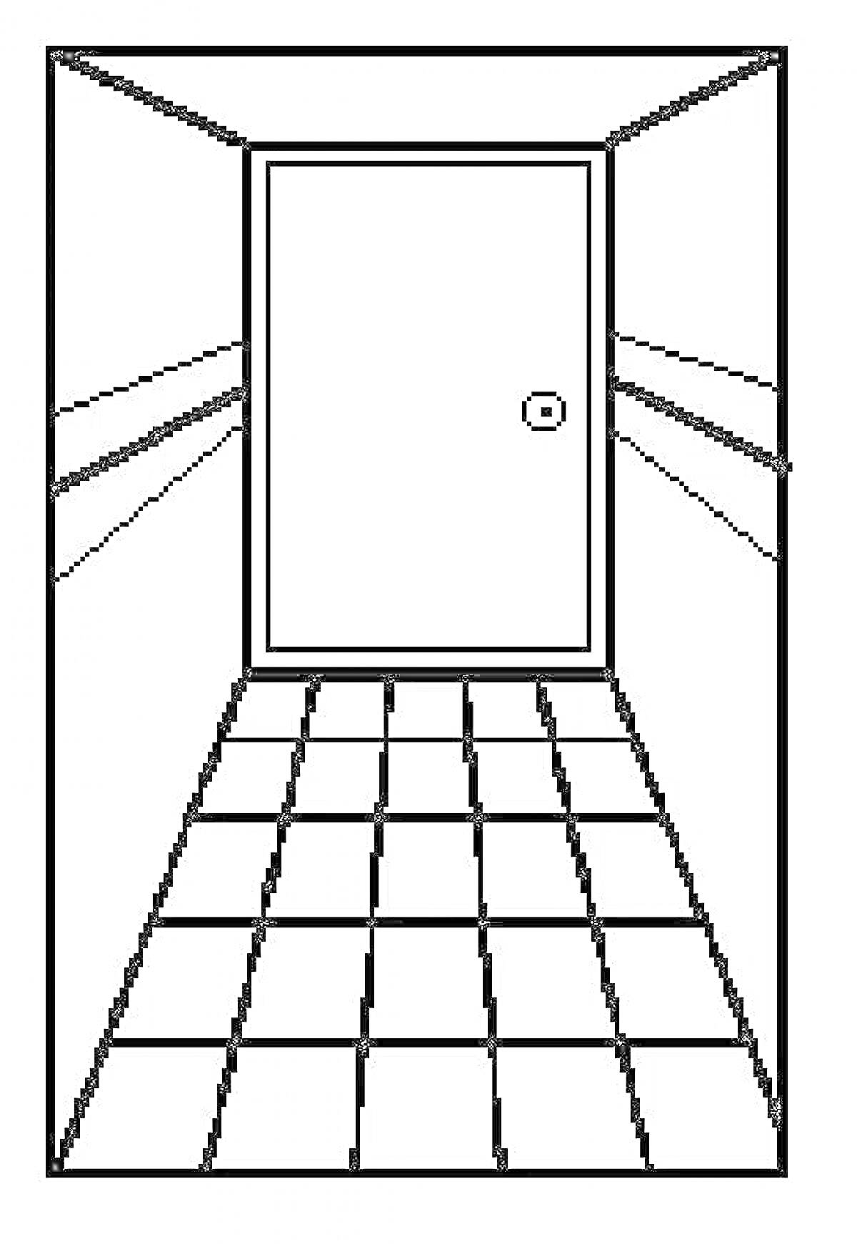 На раскраске изображено: Коридор, Дверь, Плитка, Пол, Ручка двери, Прямоугольники
