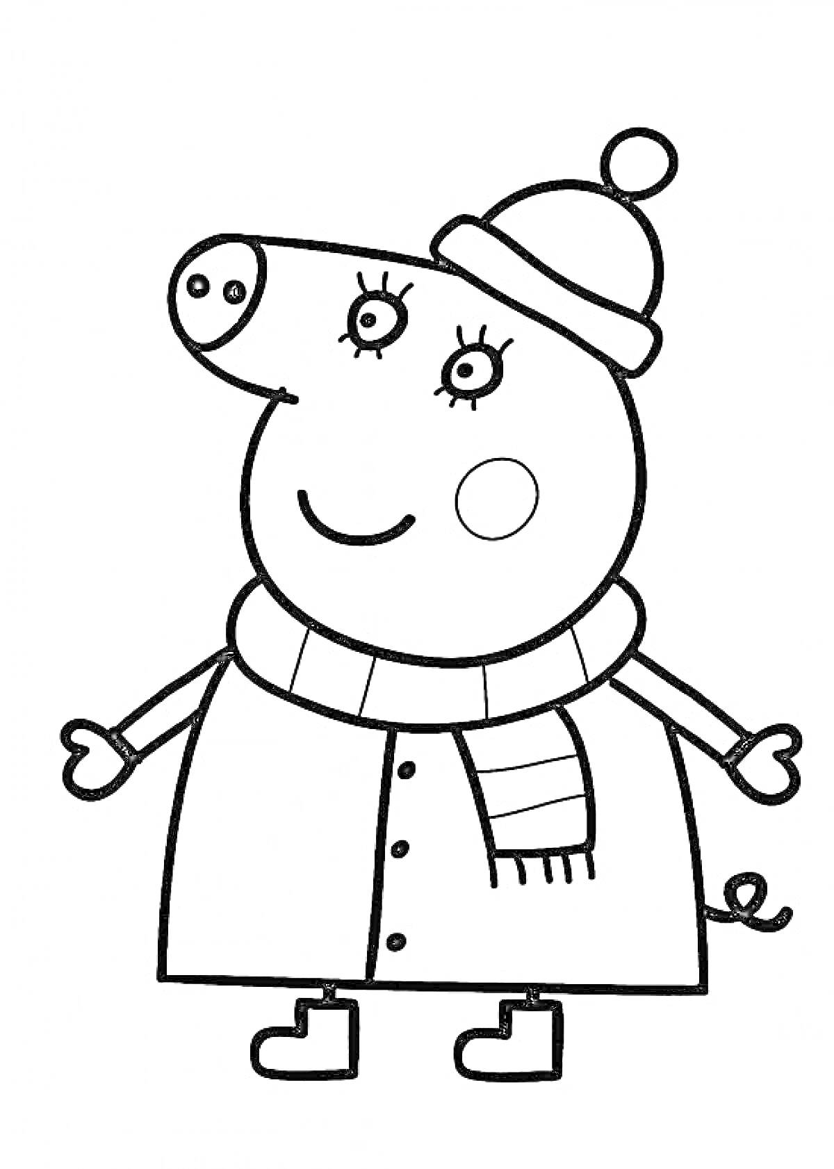 Раскраска Свинка Пеппа в зимней одежде с шапкой и шарфом