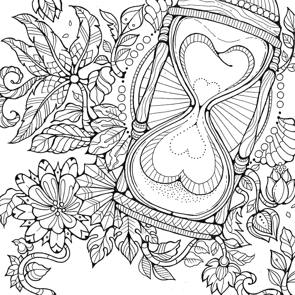 Раскраска Часы с цветами и листьями