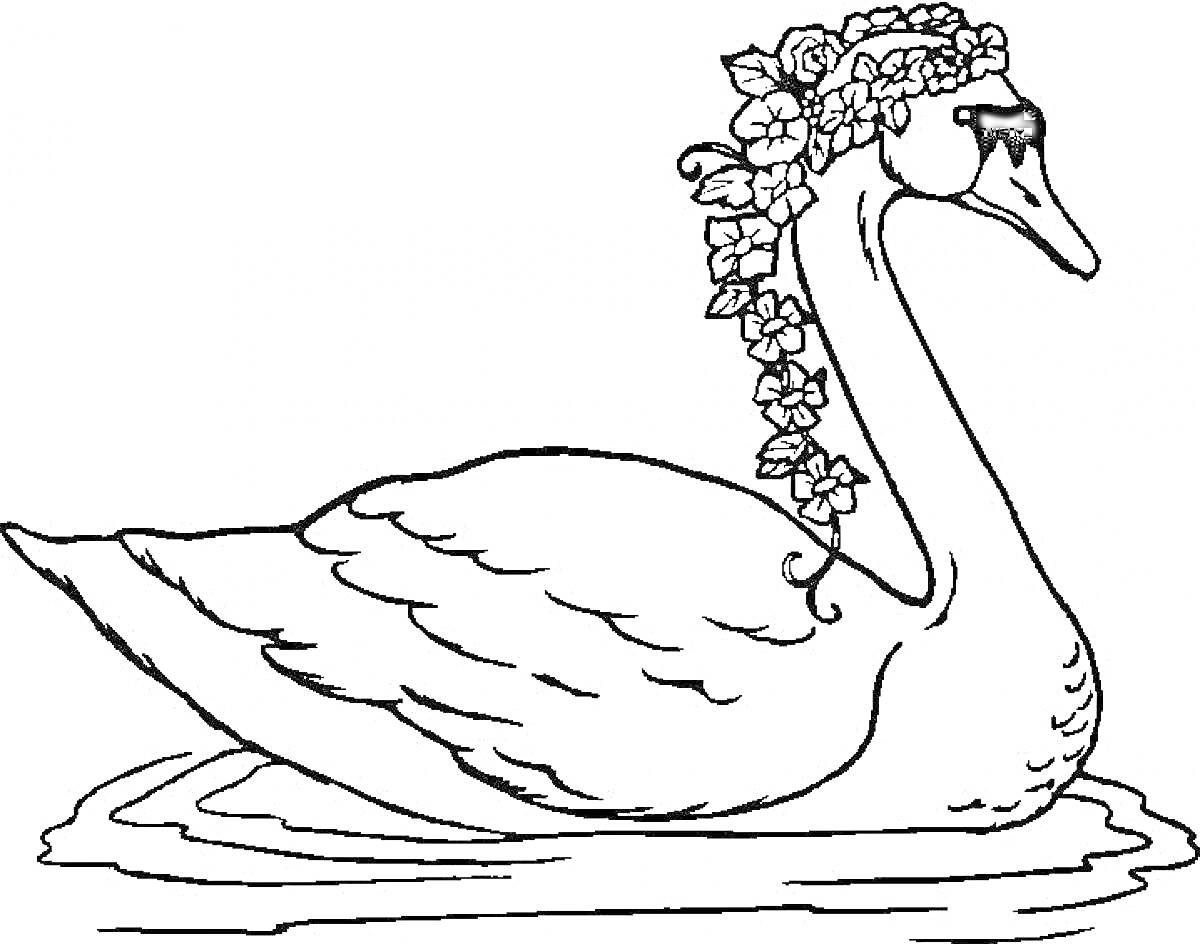 На раскраске изображено: Лебедь, Цветочный венок, Вода, Плавание, Природа, Птица