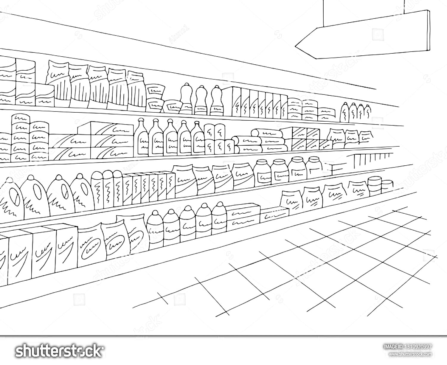 Раскраска Полки супермаркета с товарами (бутылки, коробки, пакеты) и подвесной указатель