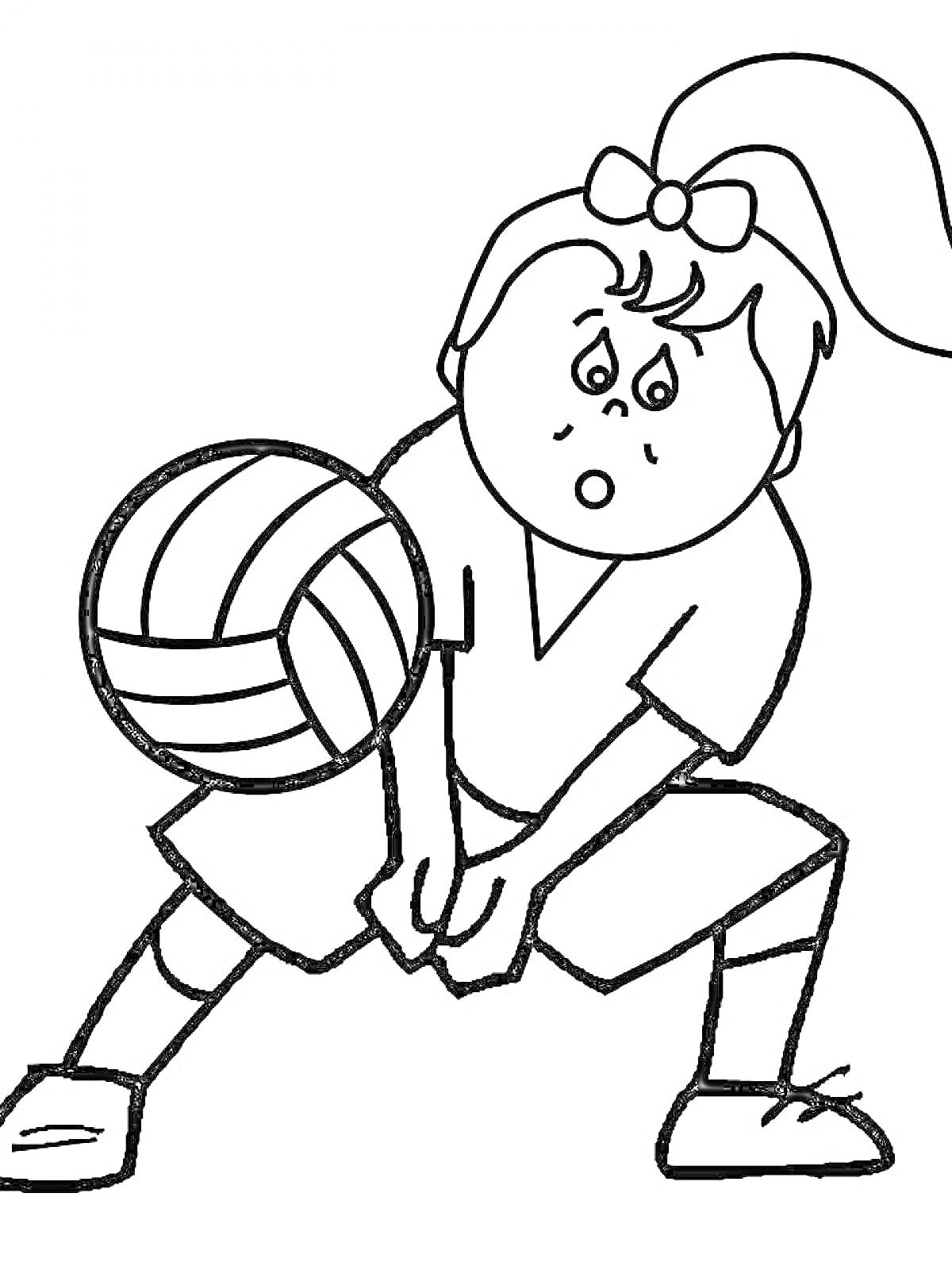 Раскраска Девочка играет в волейбол, мяч в полёте, девочка в спортивной форме с хвостиком на голове