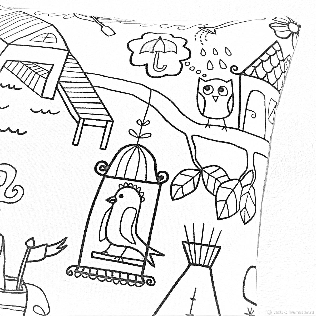 Раскраска Наволочка с рисунками: сова с зонтом на ветке, птица в клетке, дом с крышей и лестницей, растение с большими листьями, кисточка###