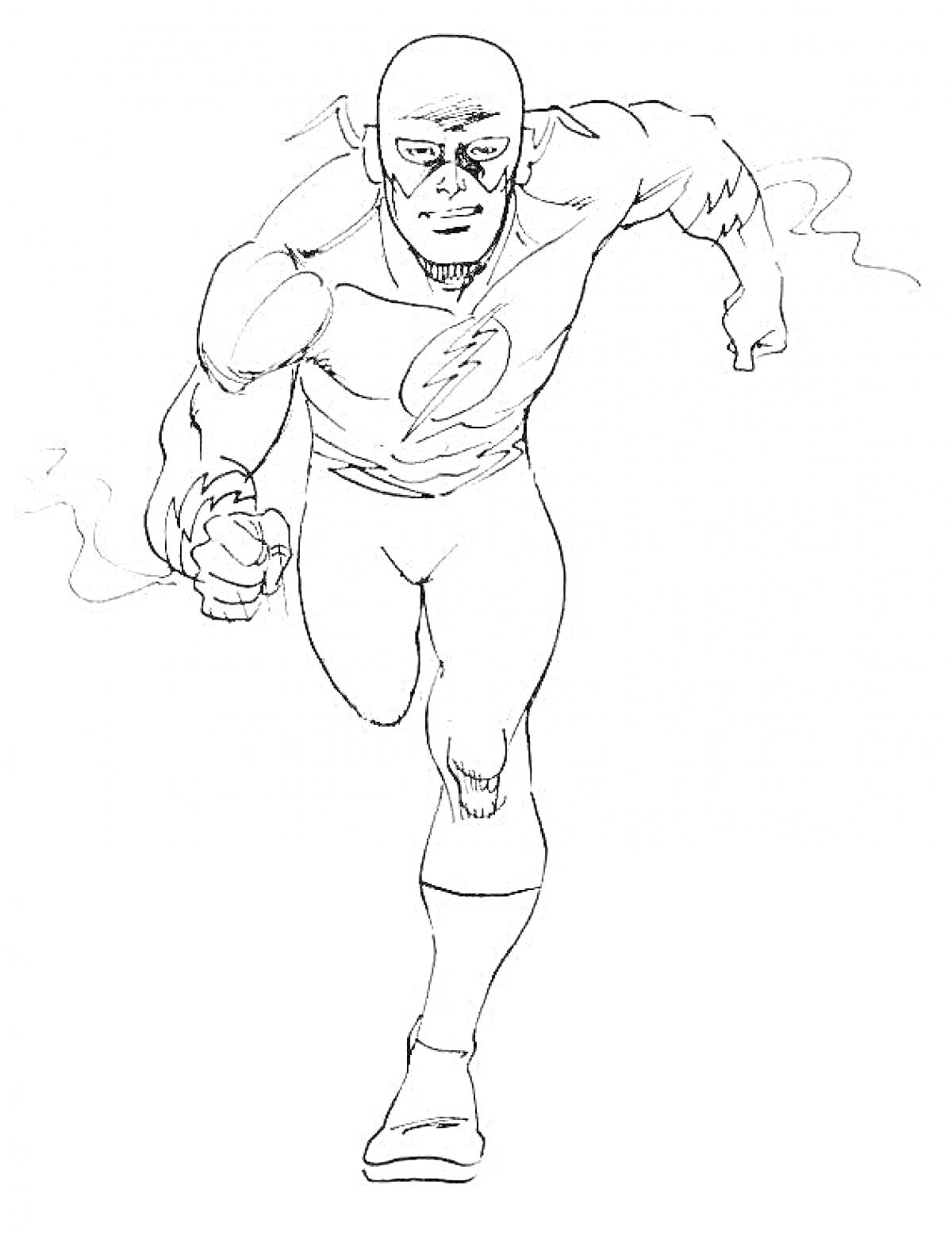 Раскраска Флэш в полный рост, бегущий вперед, со световой эмблемой на груди, в классическом костюме супергероя