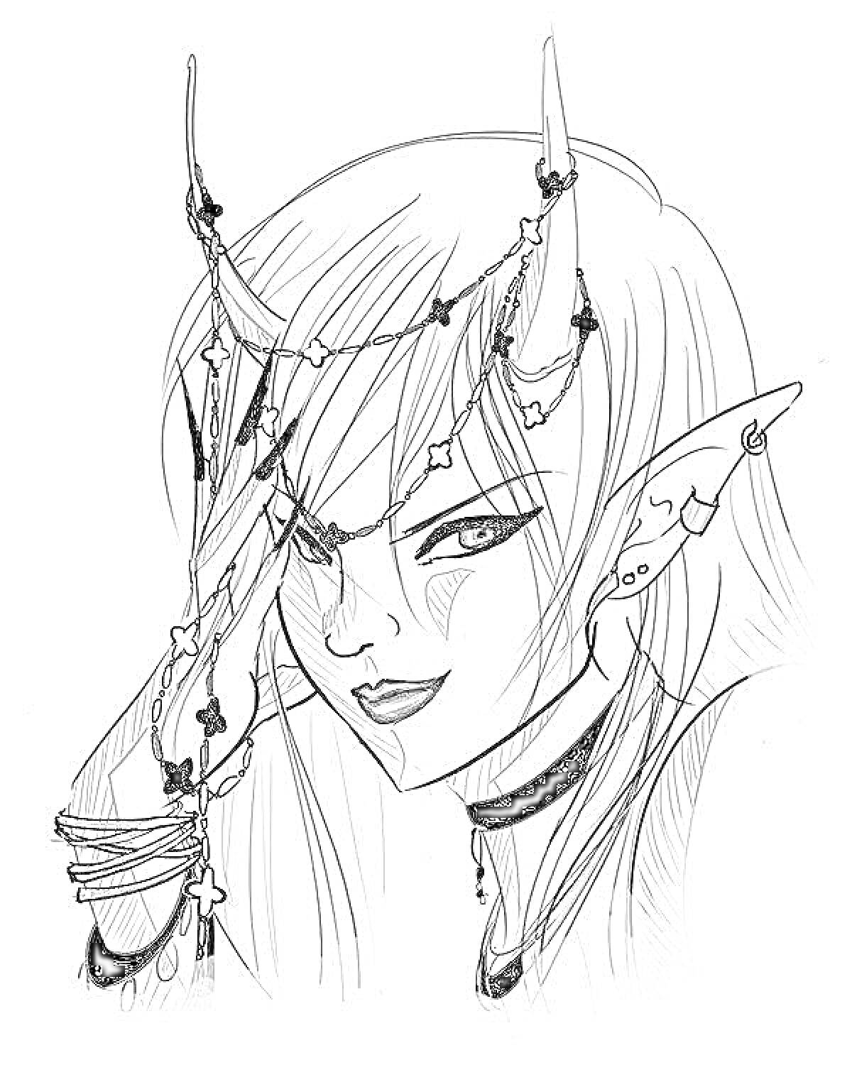 Раскраска Демоническая девушка с рогами и цепями, эльфийские уши, татуировки на лице и украшения на руках