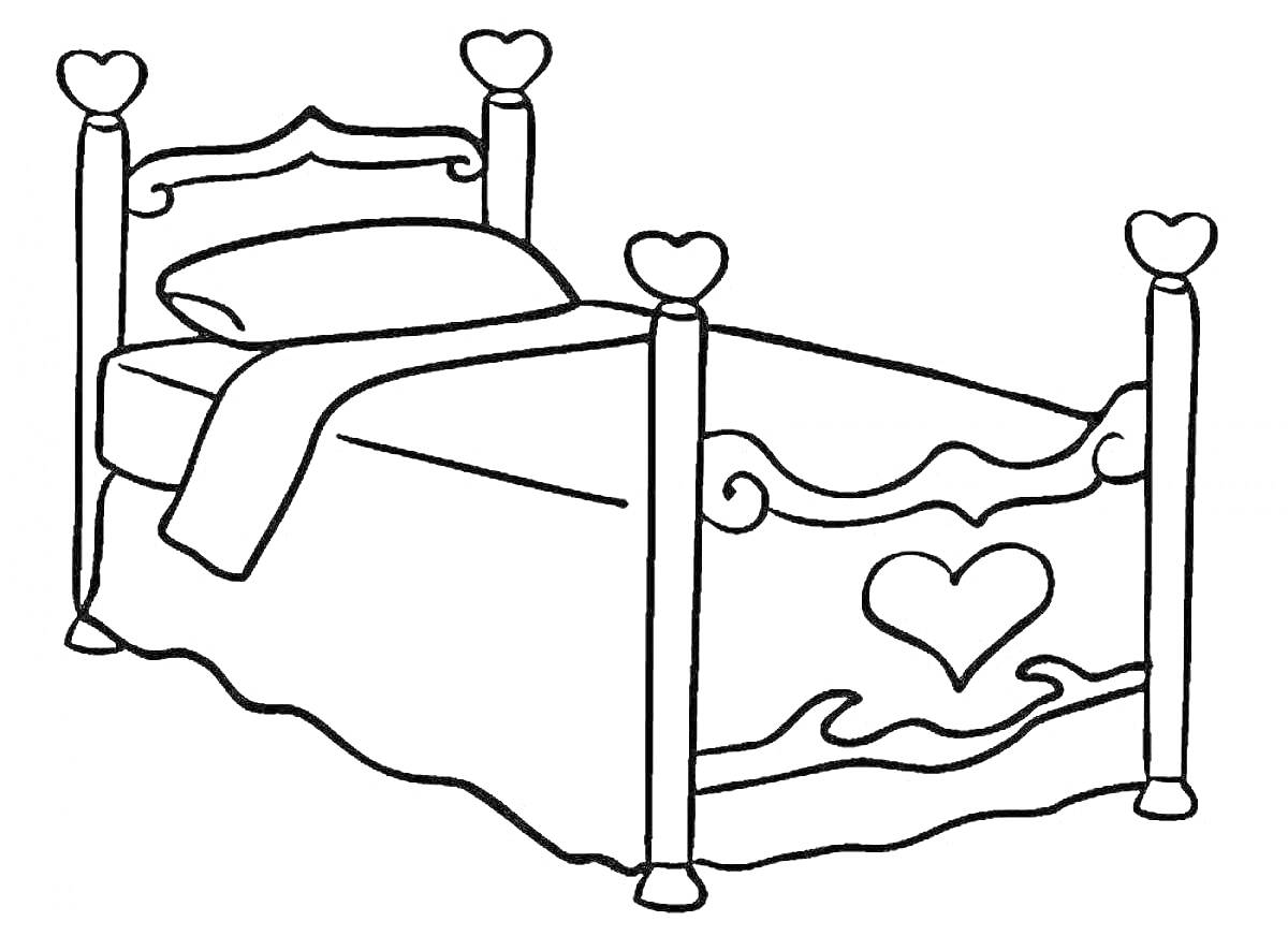 Раскраска Кровать с подушкой, одеялом и сердцами на столбцах и спинке