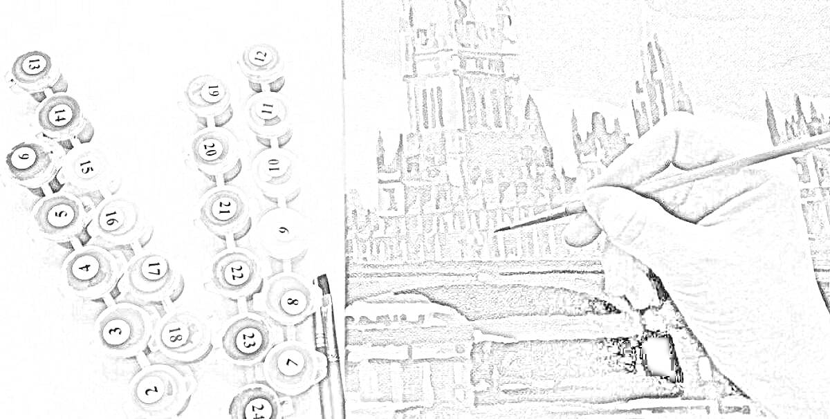 Раскраска Ручная работа над раскраской по номерам с изображением архитектурного сооружения, рядом черные и белые банки с краской, кисточка