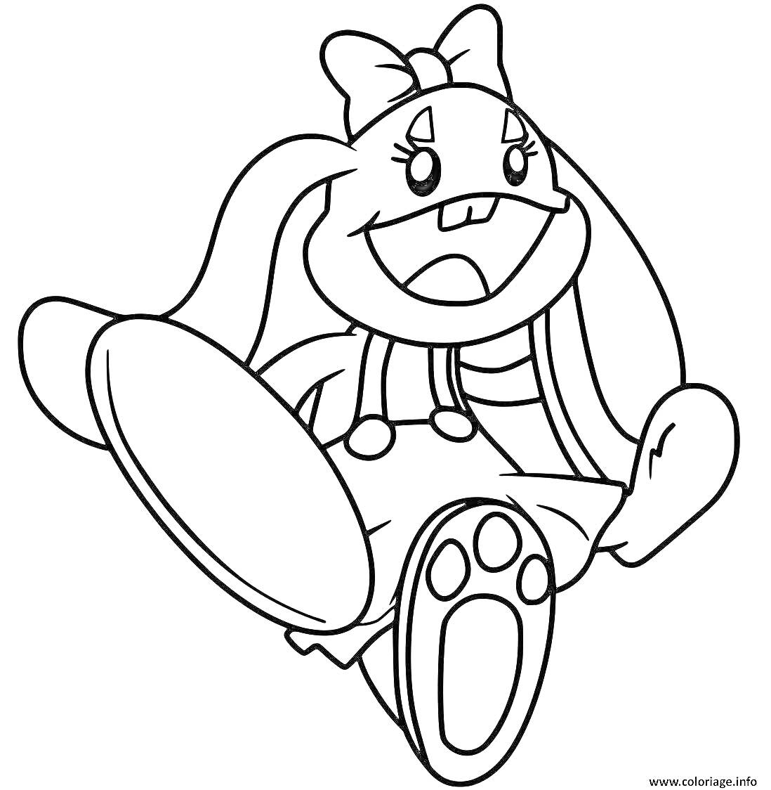 Раскраска Кролик Бонзо с бантиком на голове в комбинезоне, вытянувший большую лапу вперед