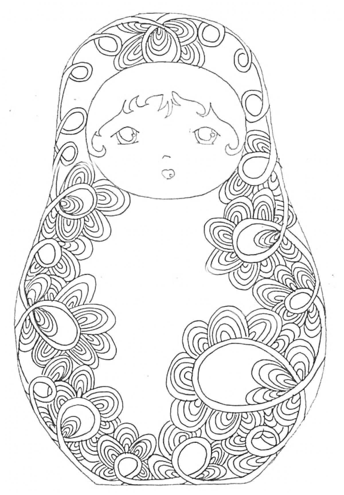 Раскраска Матрешка с цветочными узорами, крупные глаза, волнистые волосы