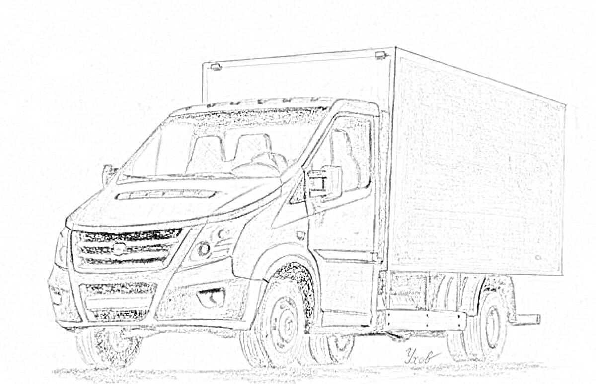 Раскраска Грузовик Газель Некст с закрытым фургоном, вид спереди-слева