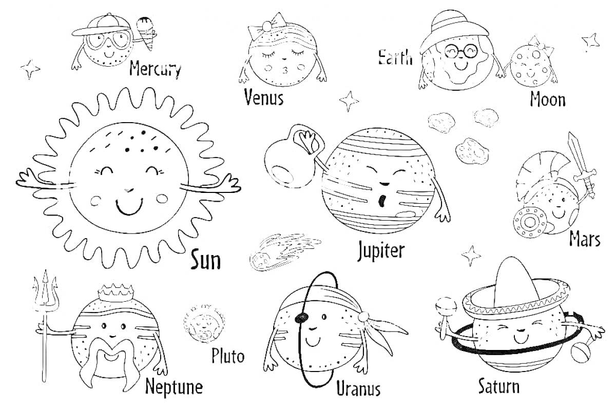 Раскраска Планеты солнечной системы Элементы: Солнце с улыбкой и разводящими руками, Меркурий с шапочкой и клюшкой, Венера с бантом, Земля с очками и лейкой, Луна с прыгающими зайчиками и киркой, Марс со скафандром и рюкзаком, Юпитер с молнией, Сатурн в шляпе и с б
