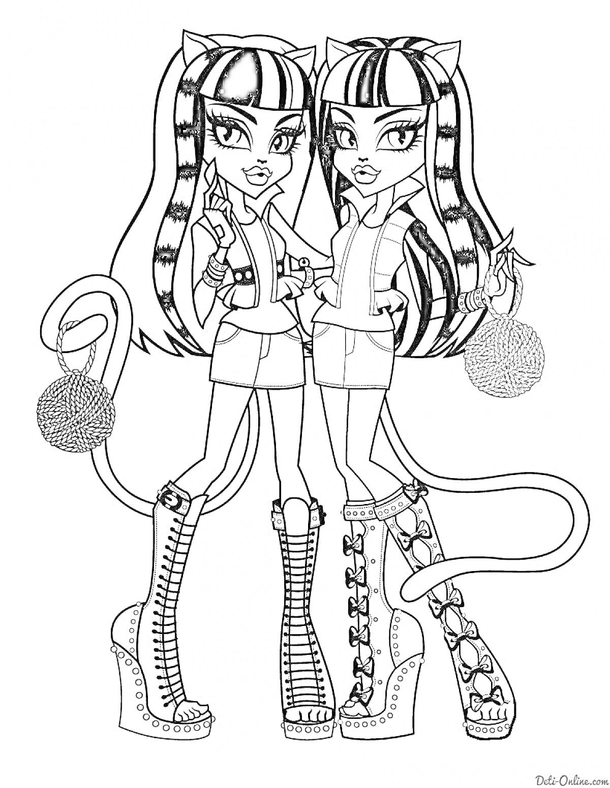 Раскраска Две девушки Монстер Хай-близнецы в обуви на платформе с мячиками для кошек и хвостами