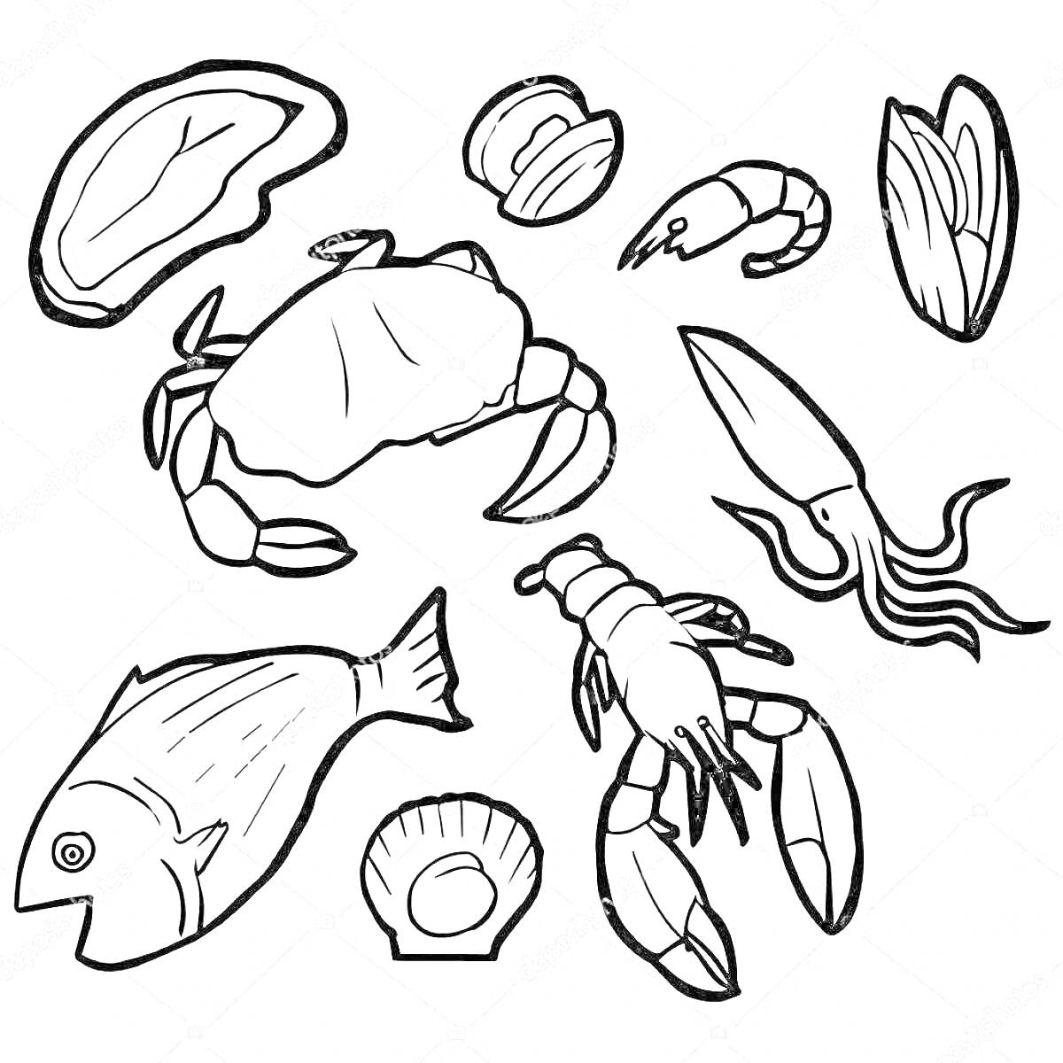 Раскраска Разнообразные морепродукты (краб, устрица, креветка, ракушка, кальмар, рыба, лобстер, мидия)