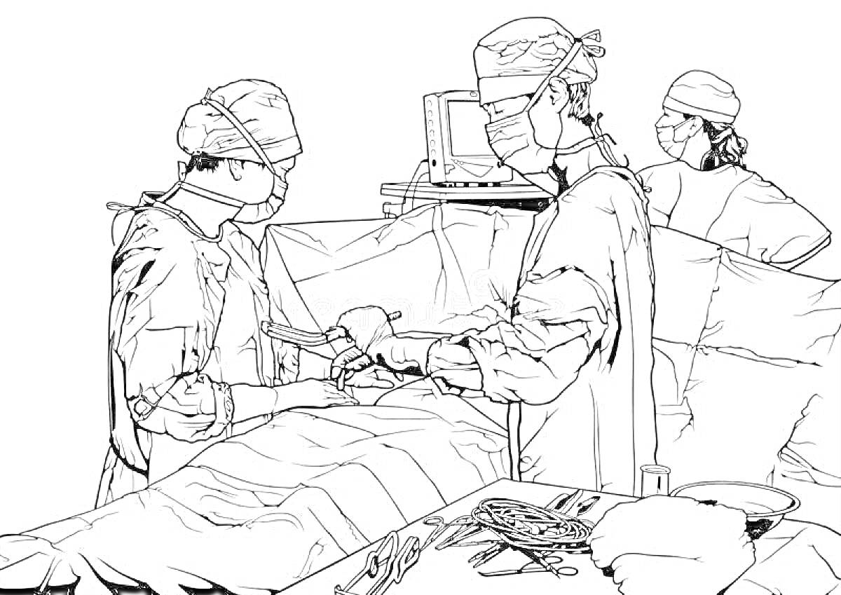 На раскраске изображено: Операция, Медицинское оборудование, Пациент, Операционный стол, Медицина, Хирургия, Медсестра