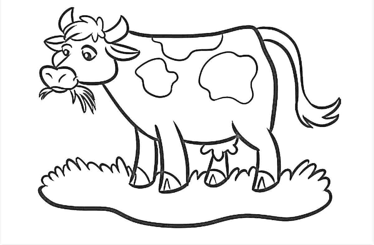 На раскраске изображено: Корова, Трава, Жвачка, 2 года, 3 года, Ферма, Для детей
