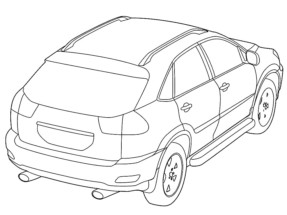 Раскраска с изображением задней части автомобиля Лексус RX, включая двери, колеса, окна, выхлопные трубы, боковые зеркала и рельсы на крыше