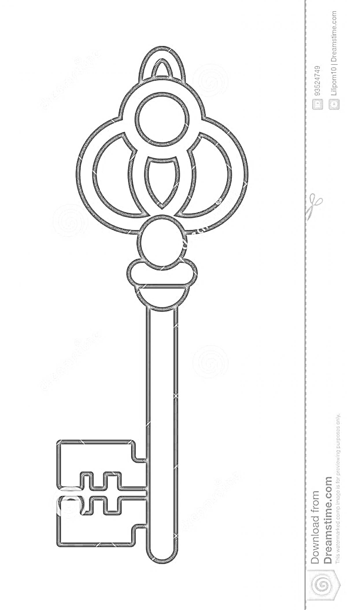 Раскраска Контурный рисунок старинного ключа с замысловатой рукояткой и бородкой