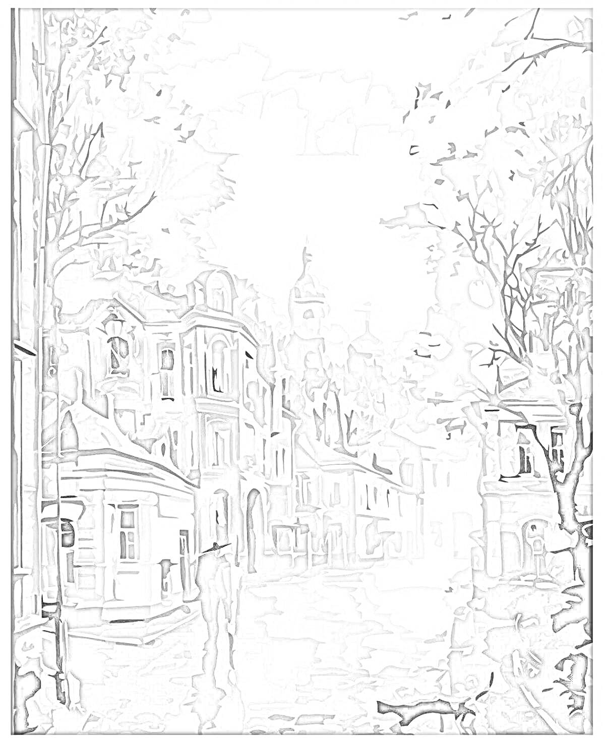 На раскраске изображено: Уличная сцена, Старый город, Человек, Собака, Церковь, Деревья, Архитектура, Вечер