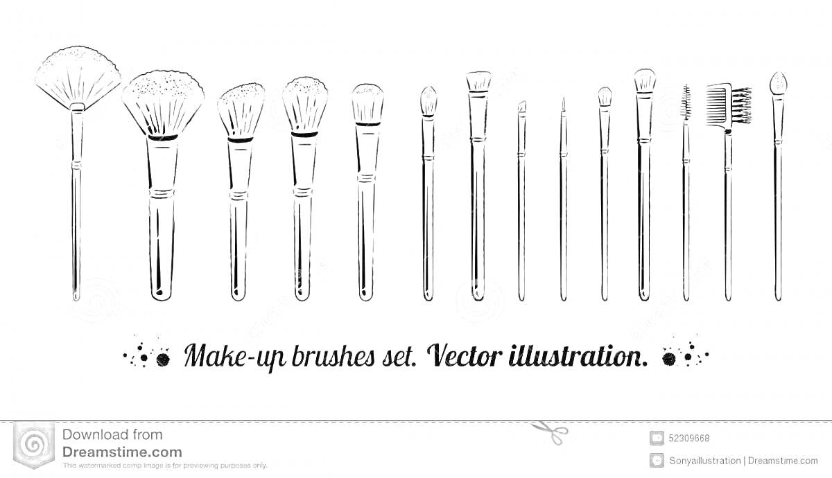 Раскраска Набор кисточек для макияжа - веерная кисть, большая пудровая кисть, средняя пудровая кисть, маленькая пудровая кисть, угловая кисть для румян, большая кисть для теней, средняя кисть для теней, маленькая кисть для теней, кисть для растушевки, кисть для под