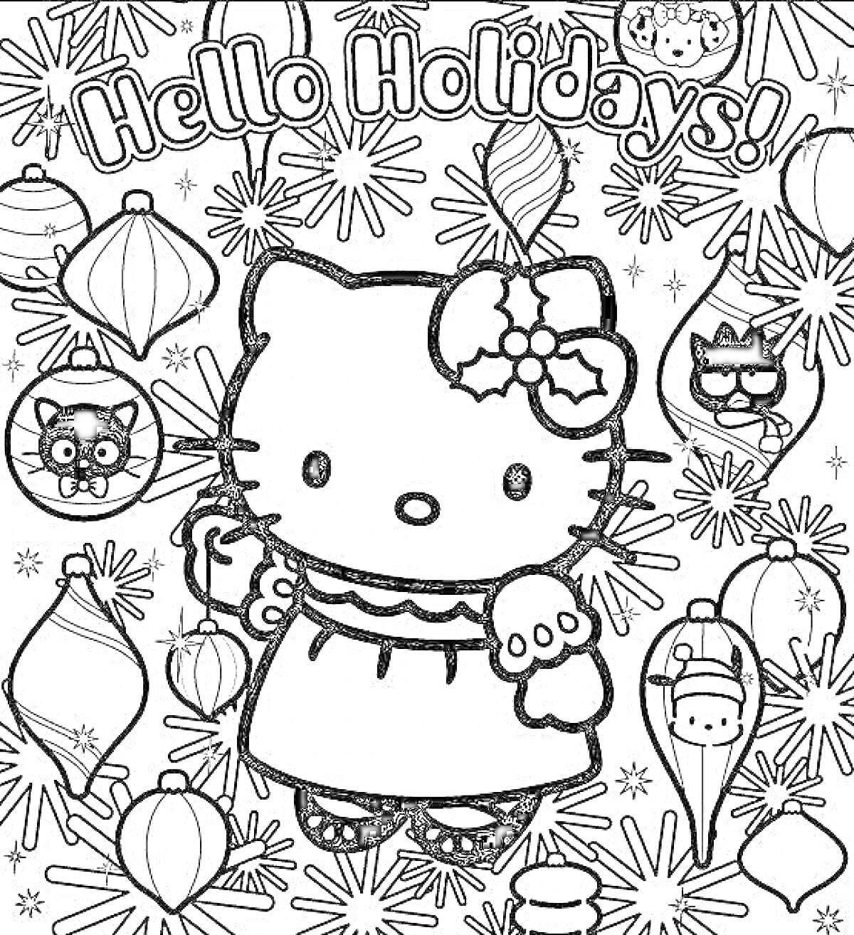 На раскраске изображено: Hello Kitty, Новый год, Елочные игрушки, Звезды, Снежинки, Кот