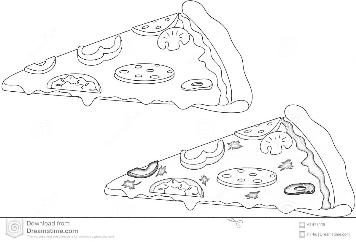 На раскраске изображено: Пицца, Колбаса, Грибы, Перец, Оливки, Томаты